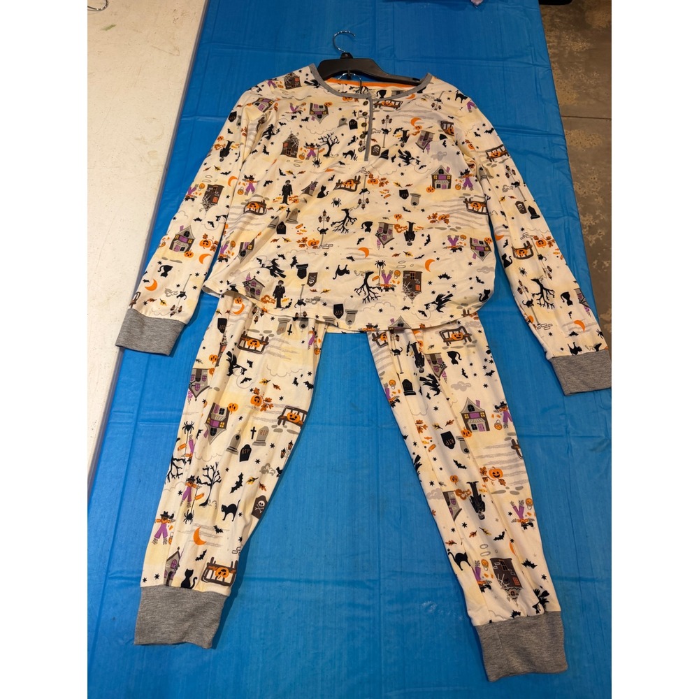 Cuddl Duds Womens Halloween Pajama Set Small 2 Piece Pumpkins Cats Haunted House